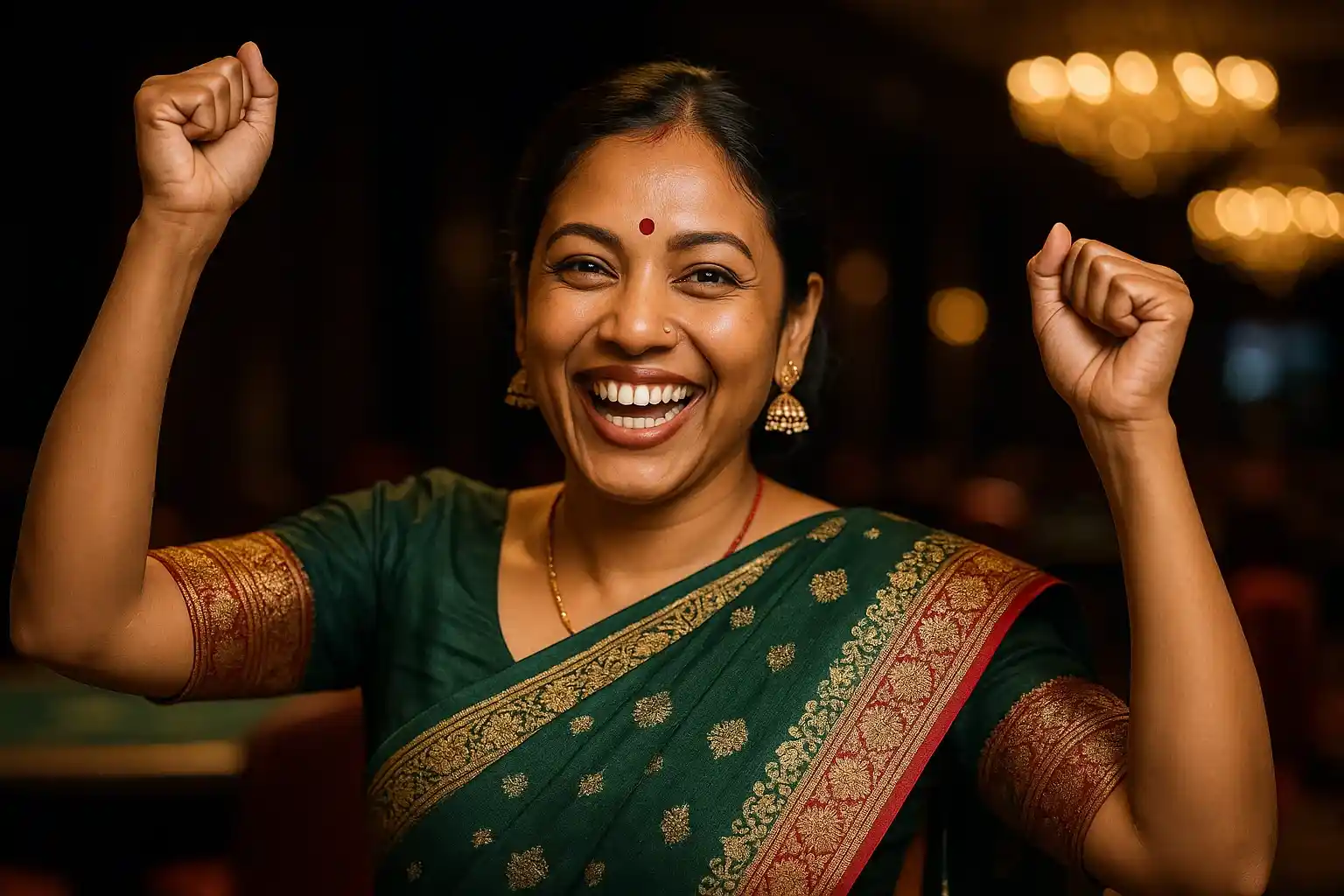 Joyful Bangladeshi woman in traditional attire celebrating in VIP lounge