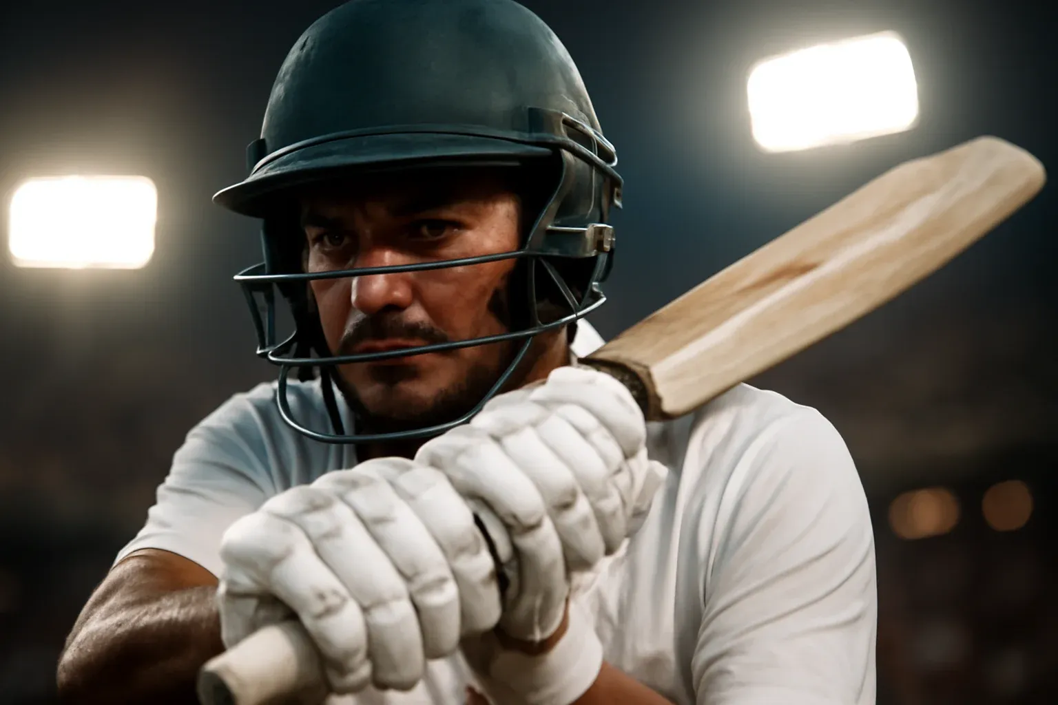 Hyperrealistic close-up of Bangladeshi cricket batsman mid-swing in white kit with detailed helmet and gloves