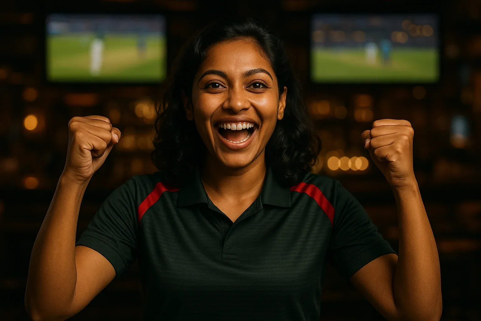 Enthusiastic Bangladeshi woman in cricket jersey celebrating with raised fists