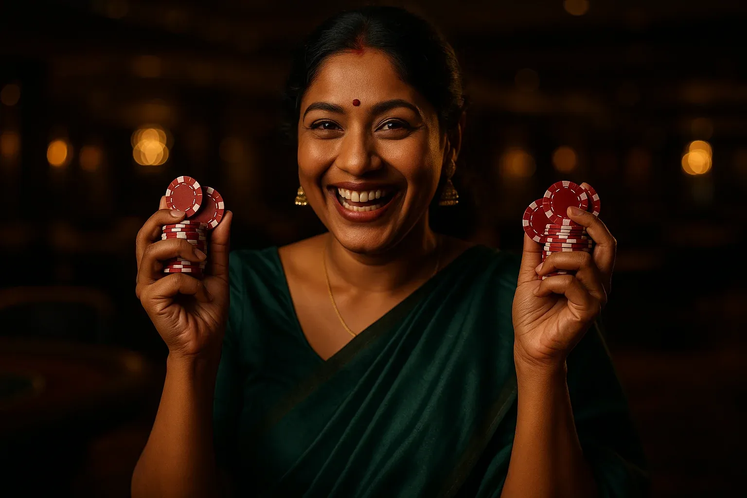Joyful Bangladeshi woman holding casino chips in VIP lounge