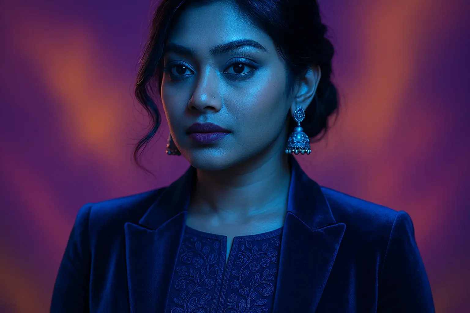 High-resolution portrait of stylish Bangladeshi woman on purple and gold gradient background