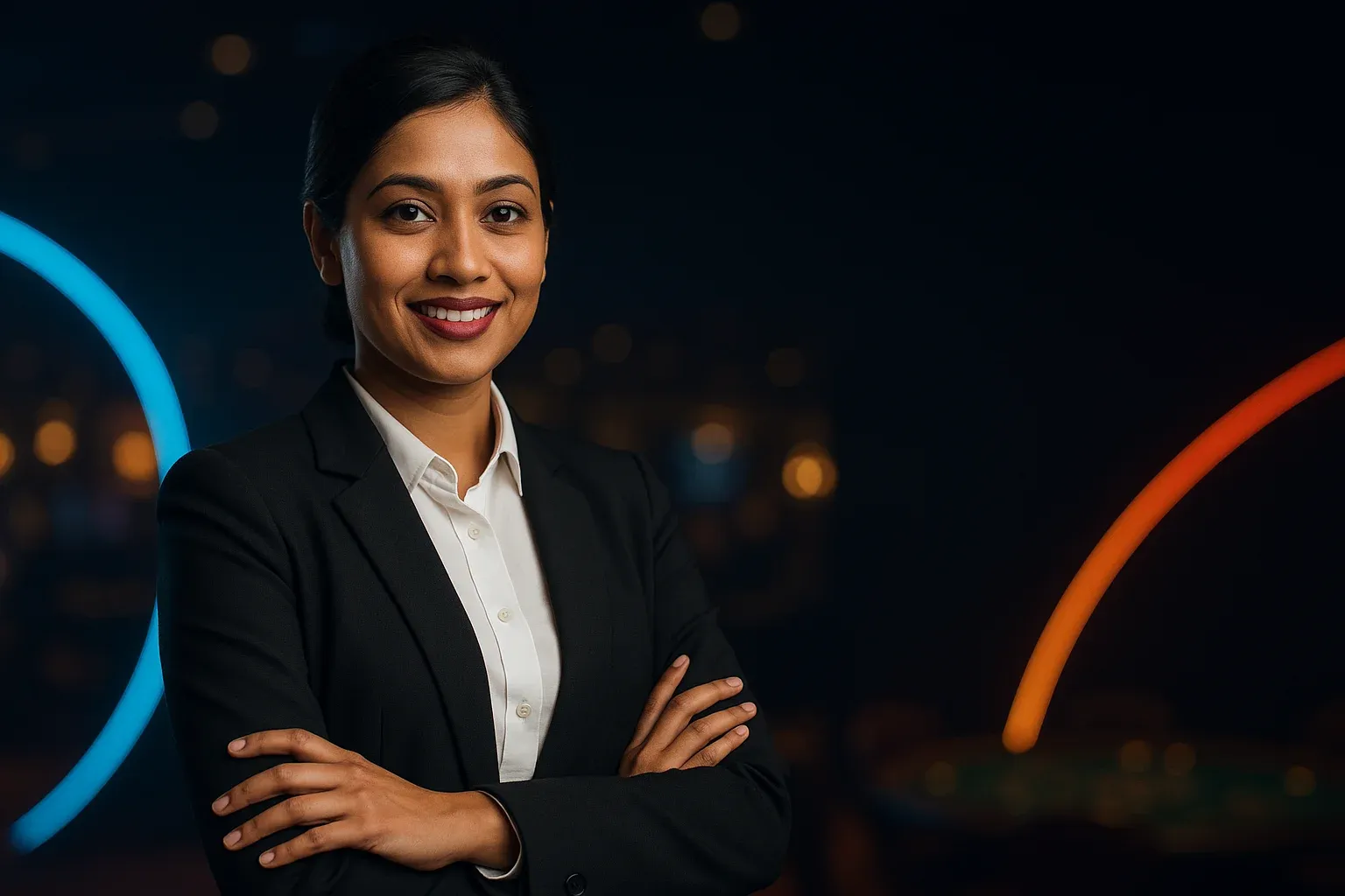 Elegant Bangladeshi businesswoman smiling confidently in warm casino studio bokeh background