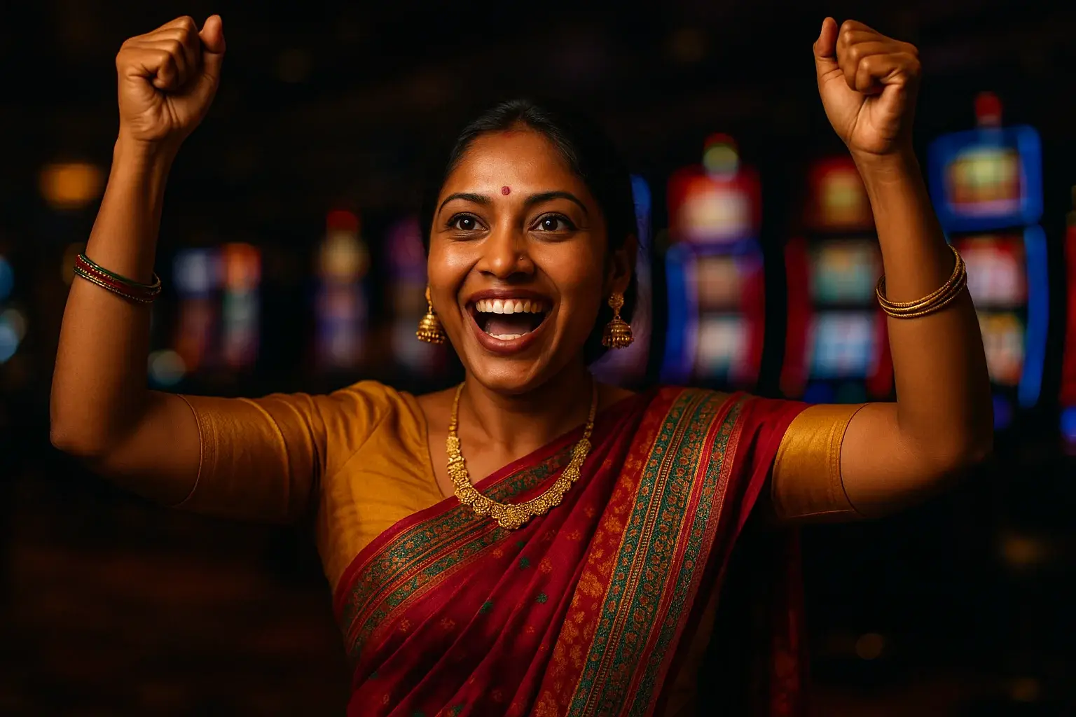 Excited Bangladeshi woman celebrating with raised arms on casino slot floor